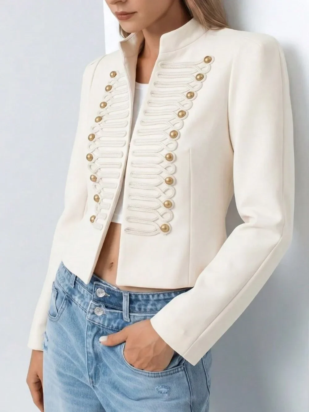 Beige Elegant Women's Exaggerated Shoulder and Faux Buttons Office Jacket